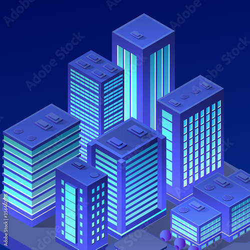 Isometric city neon night ultraviolet 3D illustration