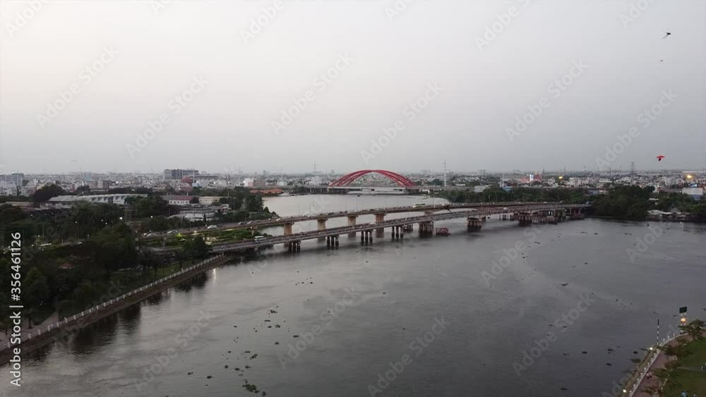 high view at Binh Loi and Binh Trieu bridge, view from Thanh Da peninsula , Ho Chi Minh city/ Vietnam with buildings, bridge, river. Saigon cityscape from high view, landscape drone high view at Binh Loi and Binh Trieu bridge, view from Thanh Da peninsula , Ho Chi Minh city/ Vietnam with buildings, bridge, river. Saigon cityscape from high view, landscape drone