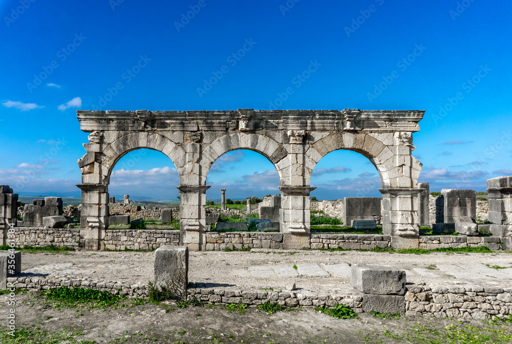 Volubilis - Ancient 3rd Century BC Roman ruins near city of Meknes in Morocco, UNESCO Heritage site.