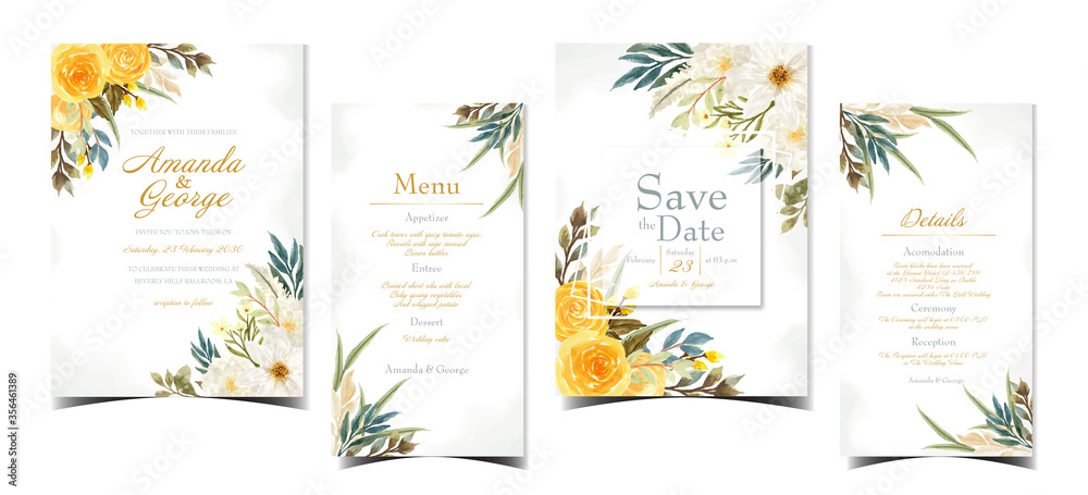 set of floral wedding invitation with colorful flowers