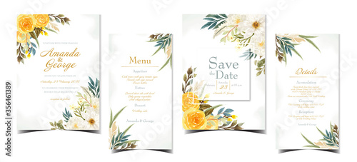 set of floral wedding invitation with colorful flowers