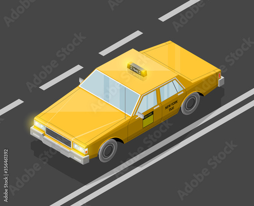 Flat 3D isometric yellow taxi cab model. City transport car road. Sedan taxi motor car. Urban classic motor vehicle. Quality auto infographics route. isometric automobile street icon set