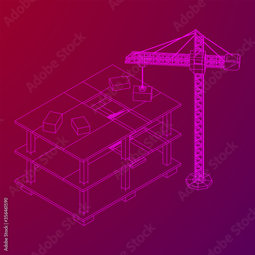 Building under construction with crane. Build house construct in process. Wireframe low poly mesh vector illustration © newb1