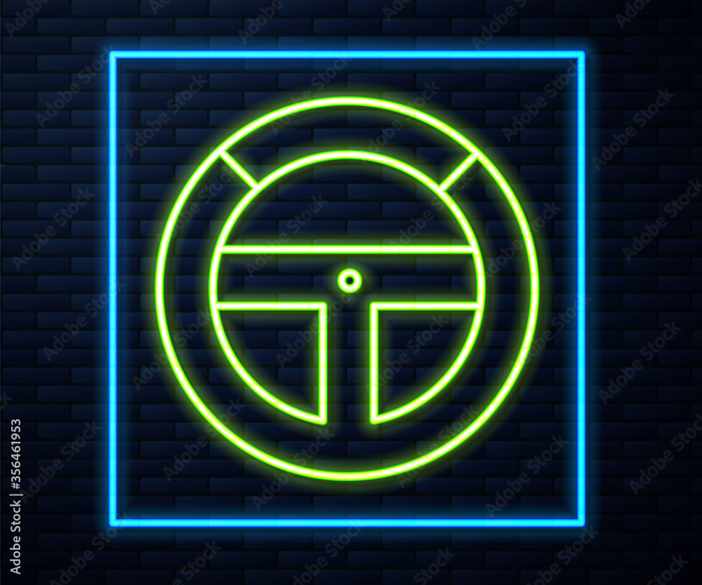 Glowing neon line Steering wheel icon isolated on brick wall background. Car wheel icon. Vector Illustration. Glowing neon line Steering wheel icon isolated on brick wall background. Car wheel icon. Vector Illustration.