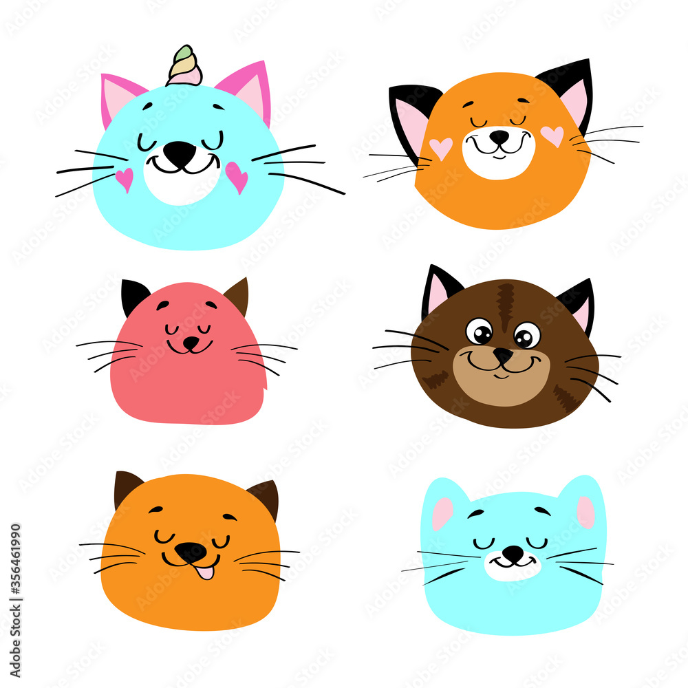 Funny head of cats in kawaii style on a white background for children