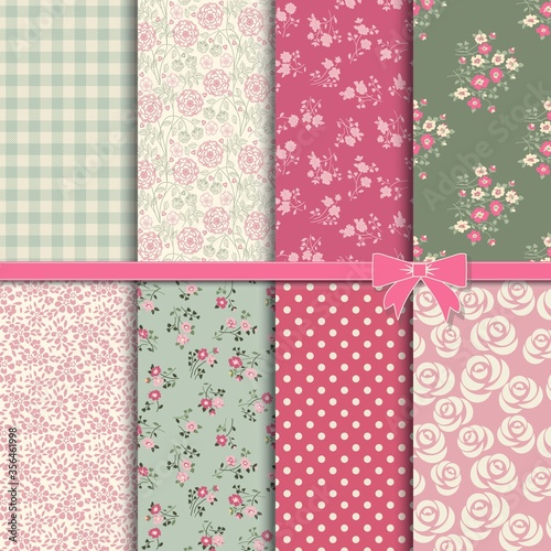 Set of eight seamless floral backgrounds. Ornament, doodle.