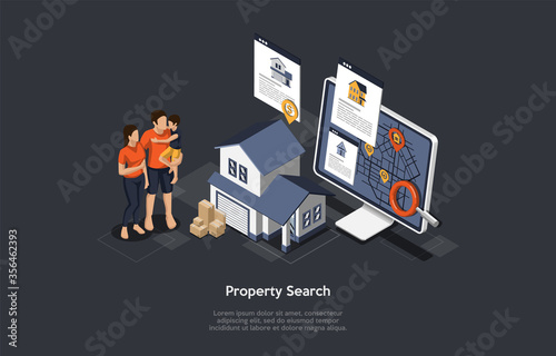 Real Estate Searching Concept. Young Family Mother, Father And Son Searching House For Buying Or Rent On The Internet. Model Of House Exterior With Garage. Isometric 3D Cartoon Vector Illustration