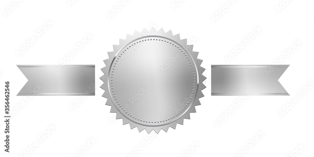 Silver stamp with horizontal ribbons isolated on white background. Luxury chrome seal. Vector design element. - obrazy, fototapety, plakaty 