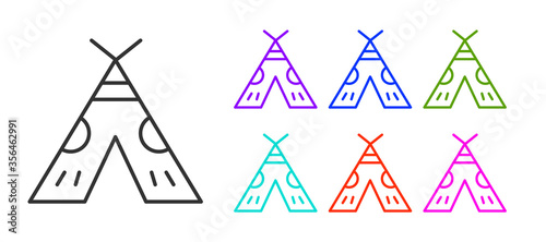 Black line Traditional indian teepee or wigwam icon isolated on white background. Indian tent. Set icons colorful. Vector Illustration.