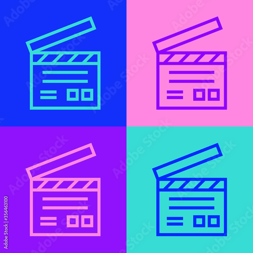 Pop art line Movie clapper icon isolated on color background. Film clapper board. Clapperboard sign. Cinema production or media industry. Vector Illustration.