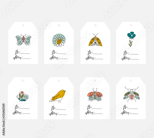Spring tags and cards with flowers, insects,birds. Line art style