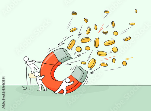. Doodle cute miniature of teamwork and big magnet