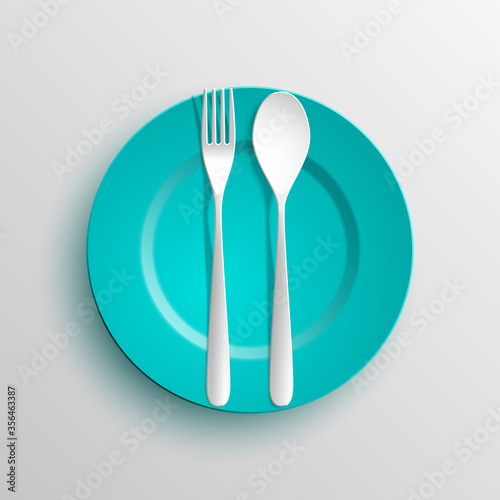 Plate, spoon and fork isolated on napkin background. Canteen icon. dining room badge. buffet icon. Here you can eat picture. Fast food restaurant badge. illustration