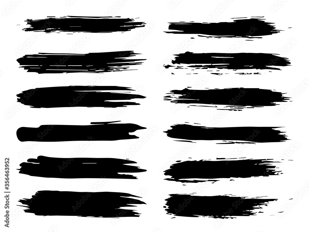 Collection of artistic grungy black paint hand made creative brush stroke set isolated on white background. A group of abstract grunge sketches for design education or graphic art decoration Collection of artistic grungy black paint hand made creative brush stroke set isolated on white background. A group of abstract grunge sketches for design education or graphic art decoration
