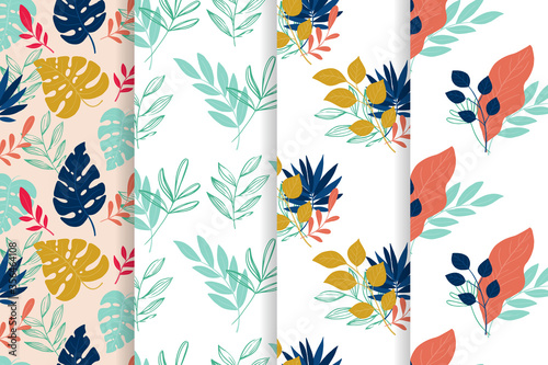 Set of seamless floral patterns, spring summer backdrop. Hand drawn surface pattern