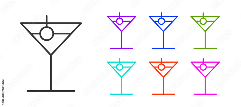 Black line Martini glass icon isolated on white background. Cocktail icon. Wine glass icon. Set icons colorful. Vector Illustration. Black line Martini glass icon isolated on white background. Cocktail icon. Wine glass icon. Set icons colorful. Vector Illustration.