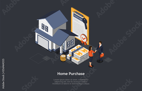 Concept Of Real Estate Purchasing. Real Estate Agent And Customer Have Signed An Purchase Agreement Of Buying House. Realtor And Buyer Shaking Hands To Each Other. Isometric 3D Vector Illustration