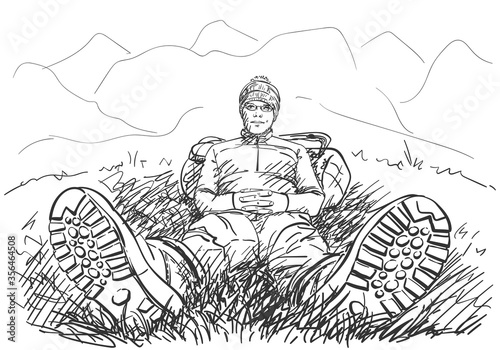 Perspective drawing of hiker man sitting on ground, with legs in trekking boots, stretched forward, and with back rested on backpack, in mountains environment. Hand drawn illustration, vector sketch