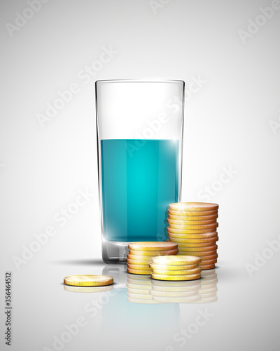 Glass of drink with pile gold coins on bottom. Savings when choosing a drink