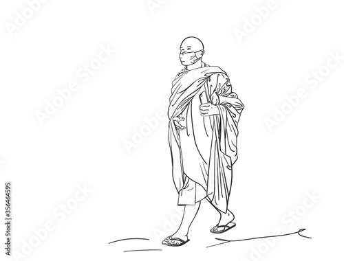 Sketch of walking buddhist monk in medical face mask with smart phone in hand, Hand drawn vector linear illustration isolated