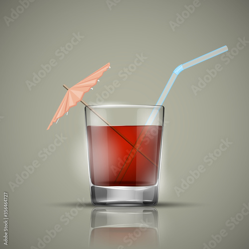 Glass cold drink alcohol & straw. Bright soda & umbrella. A glass of lemonade or fruit juice with umbrella. Cold iced tea. Bar with a glass of cocktail fizzy water with straw