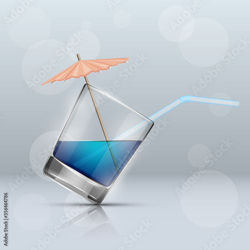 Glass cold drink alcohol & straw. Bright soda & umbrella. A glass of lemonade or fruit juice with umbrella. Cold iced tea. Bar with a glass of cocktail fizzy water drink with straw