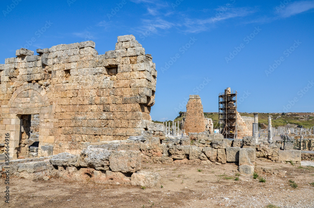 Ruins of the Greek and Roman structures of the ancient Antique city of Perge in Antalya, Turkey