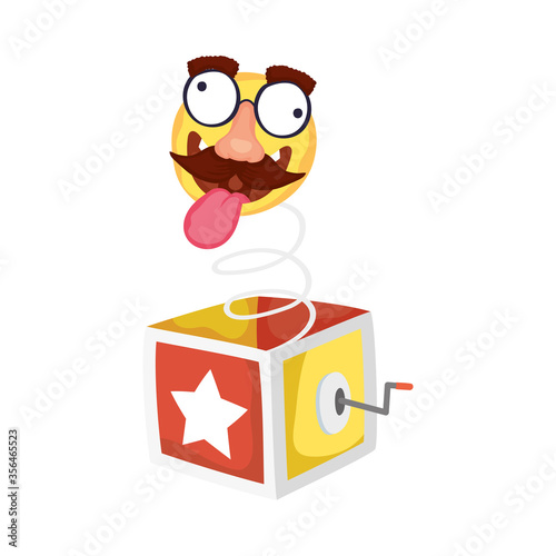 crazy emoji face with mustache in surprise box fools day