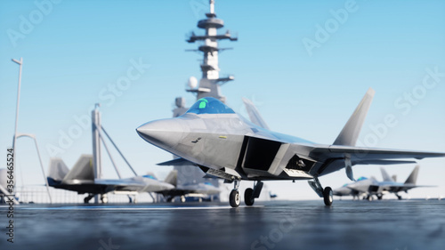 Jet f22, fighter on aircraft carrier in sea, ocean . War and weapon concept. 3d rendering.