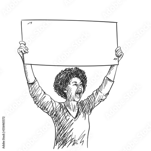 Protest. African american woman with empty sign board is screaming during protest. Vector sketch, Hand drawn illustration