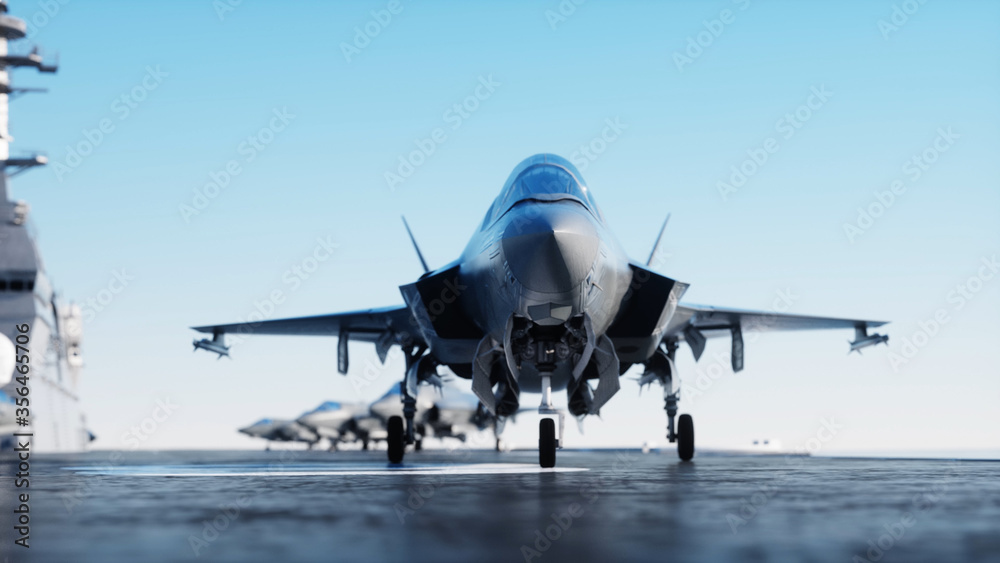 Fototapeta premium Jet , fighter on aircraft carrier in sea, ocean . War and weapon concept. 3d rendering.