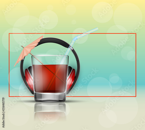 Glass cold drink alcohol & straw headphones. Bright soda & umbrella, headphone. Glass lemonade fruit juice umbrella. Cold iced tea headphone. Bar with glass cocktail fizzy water drink straw earphones