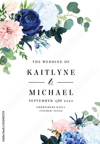 Classic blue rose, white hydrangea, ranunculus, dahlia, thistle flowers, emerald greenery