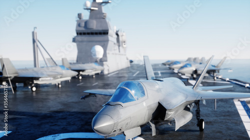 Jet , fighter on aircraft carrier in sea, ocean . War and weapon concept. 3d rendering.