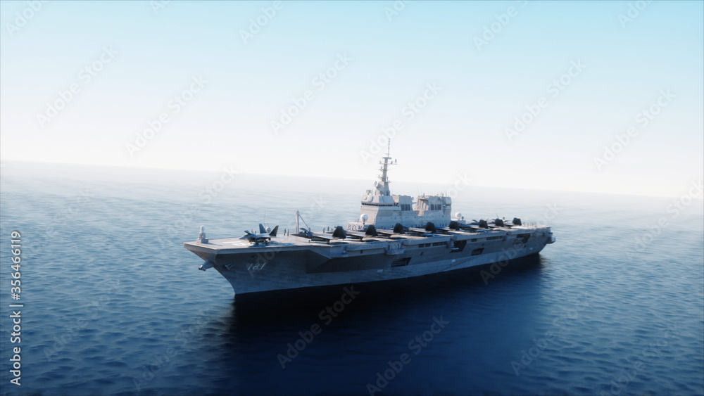 Aircraft carrier in sea, ocean with fighter. War and weapon concept. 3d rendering.