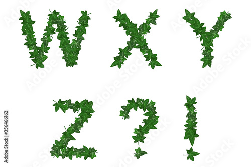 Bright leaves alphabet. Green summer abc on white background. Part 5