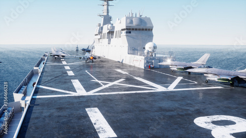 Photography landing jet f16 on aircraft carrier in ocean
