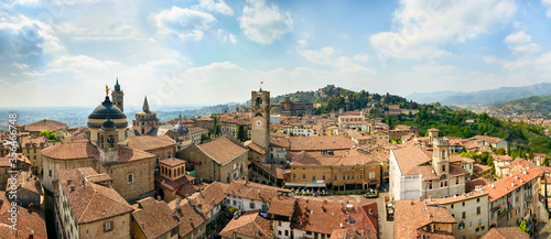 Bergamo, Lombardy / Italy. April 24, 2015. Panoramic view of the historic center from the Gombito tower.