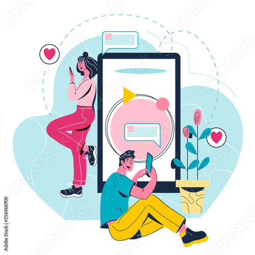Virtual relationships and internet dating chat - man and woman using mobile phone for chatting and messaging. Cartoon vector illustration in trendy style isolated.
