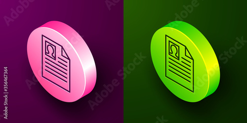 Isometric line Resume icon isolated on purple and green background. CV application. Searching professional staff. Analyzing personnel resume. Circle button. Vector Illustration.