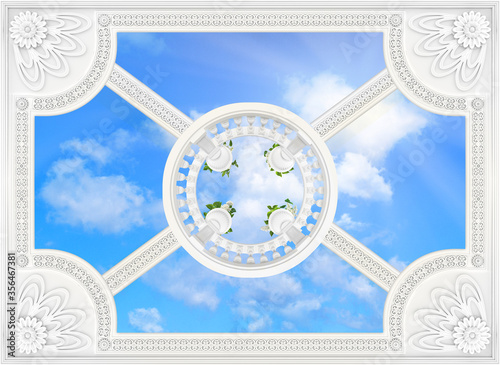 Patterned wallpapers on the ceiling with a round balustrade on top 3d rendering