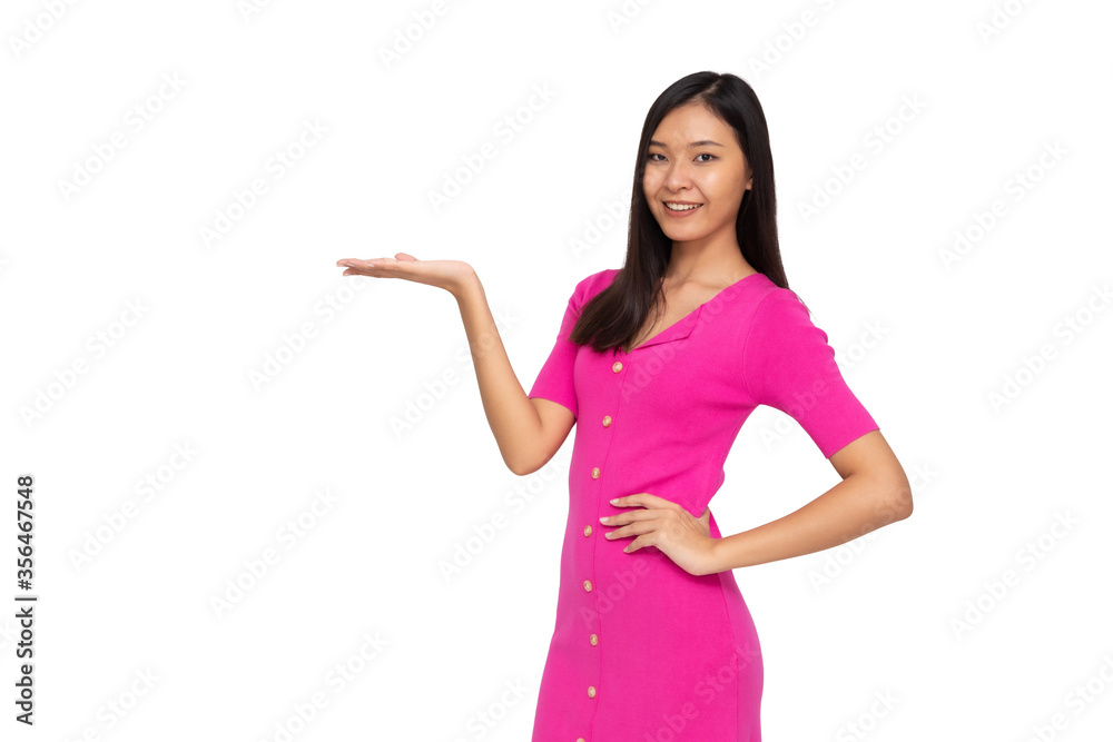 Young elegant Asian woman smiling and presenting to empty copy space isolated on white background Young elegant Asian woman smiling and presenting to empty copy space isolated on white background