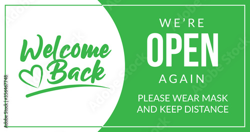 Welcome back! We are open again. Keep social distance and use a face mask. Vector open sign for the door