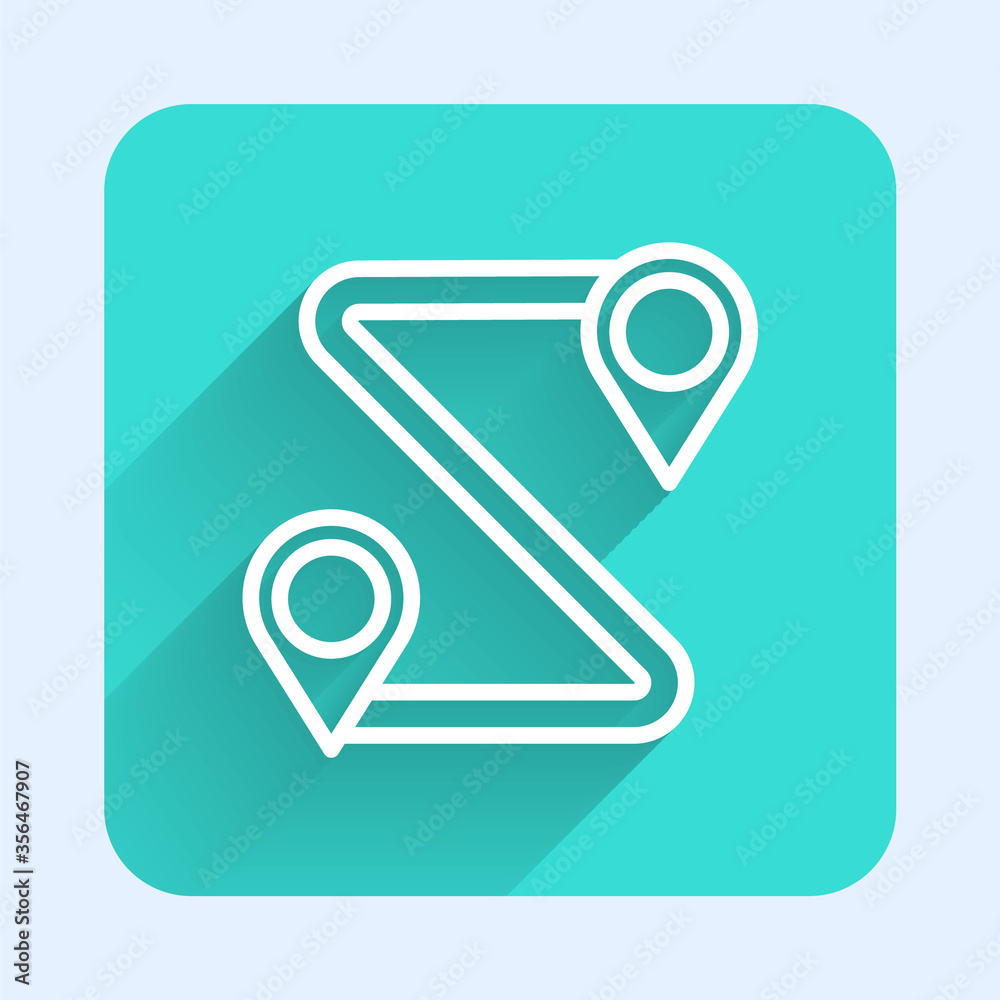 White line Route location icon isolated with long shadow. Map pointer sign. Concept of path or road. GPS navigator. Green square button. Vector Illustration.