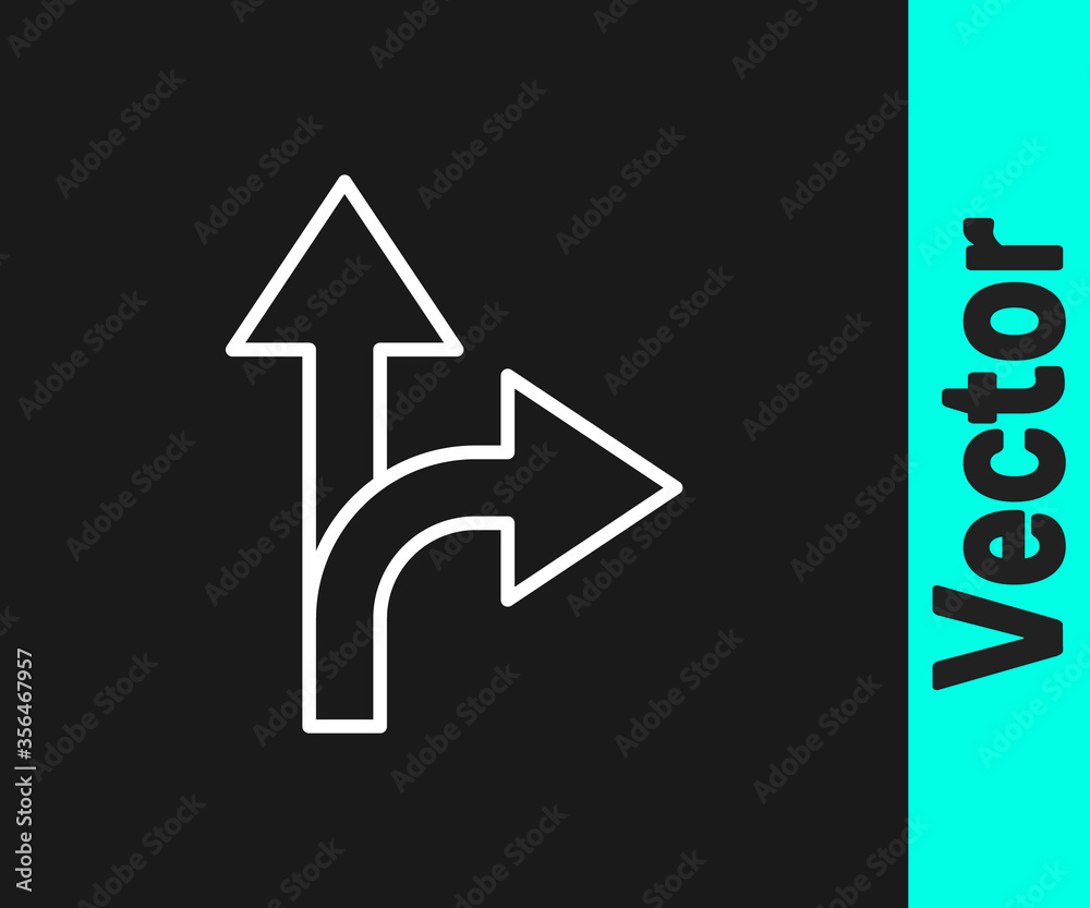 White line Road traffic sign. Signpost icon isolated on black background. Pointer symbol. Isolated street information sign. Direction sign. Vector Illustration. White line Road traffic sign. Signpost icon isolated on black background. Pointer symbol. Isolated street information sign. Direction sign. Vector Illustration.