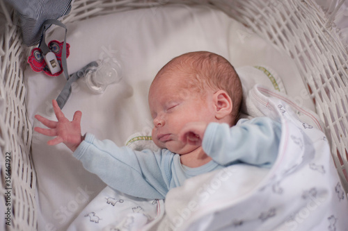Fotografie A premature baby sleeps on a moses basket.