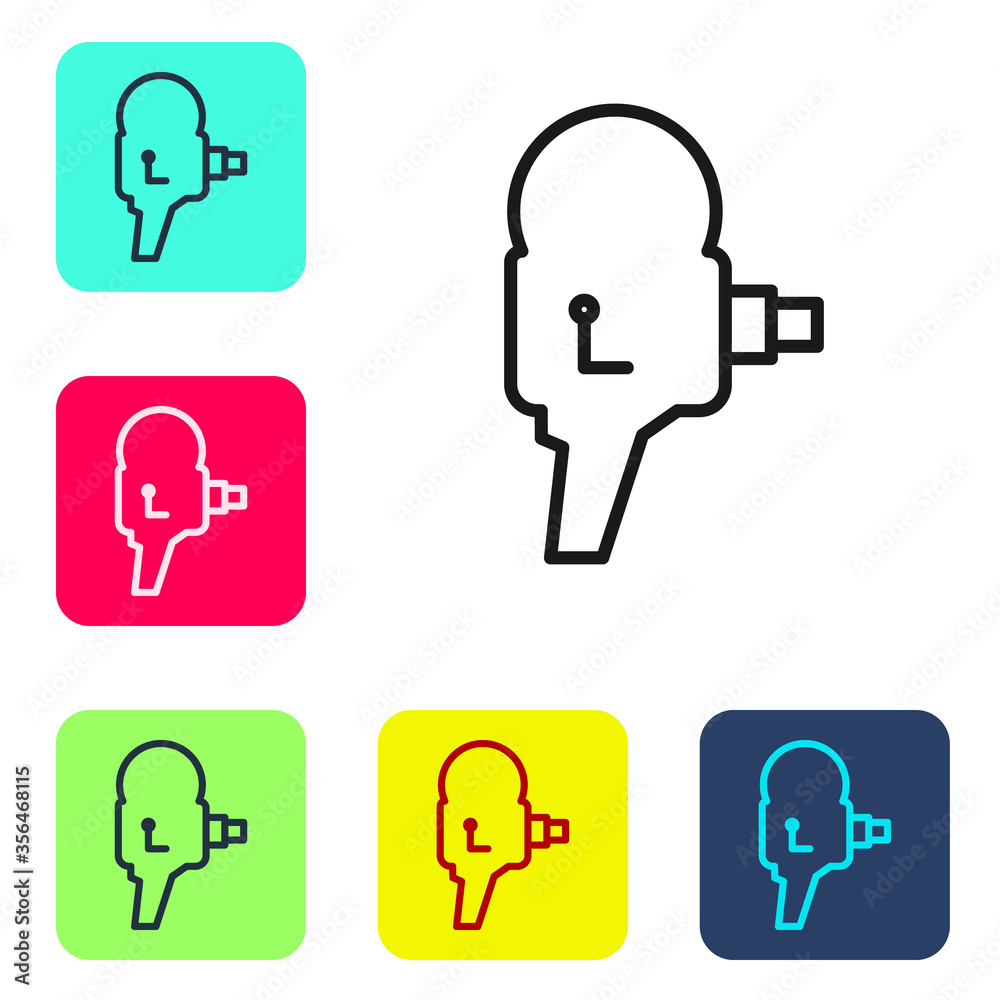 Black line Retro cinema camera icon isolated on white background. Video camera. Movie sign. Film projector. Set icons in color square buttons. Vector Illustration. Black line Retro cinema camera icon isolated on white background. Video camera. Movie sign. Film projector. Set icons in color square buttons. Vector Illustration.