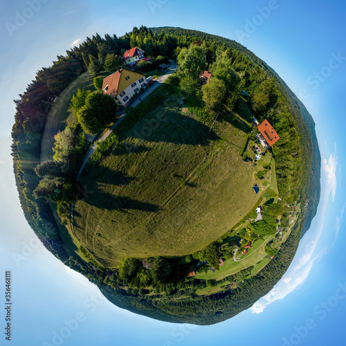 Abstract image of a small planet. Taken from the drone. Circular panorama.