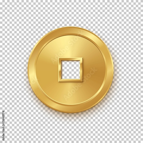 Shiny glowing realistic vector golden money coin china isolated on white background pattern. Magic gold oriental currency symbol object bringing wealth, fortune, prosperity, luck and treasure.