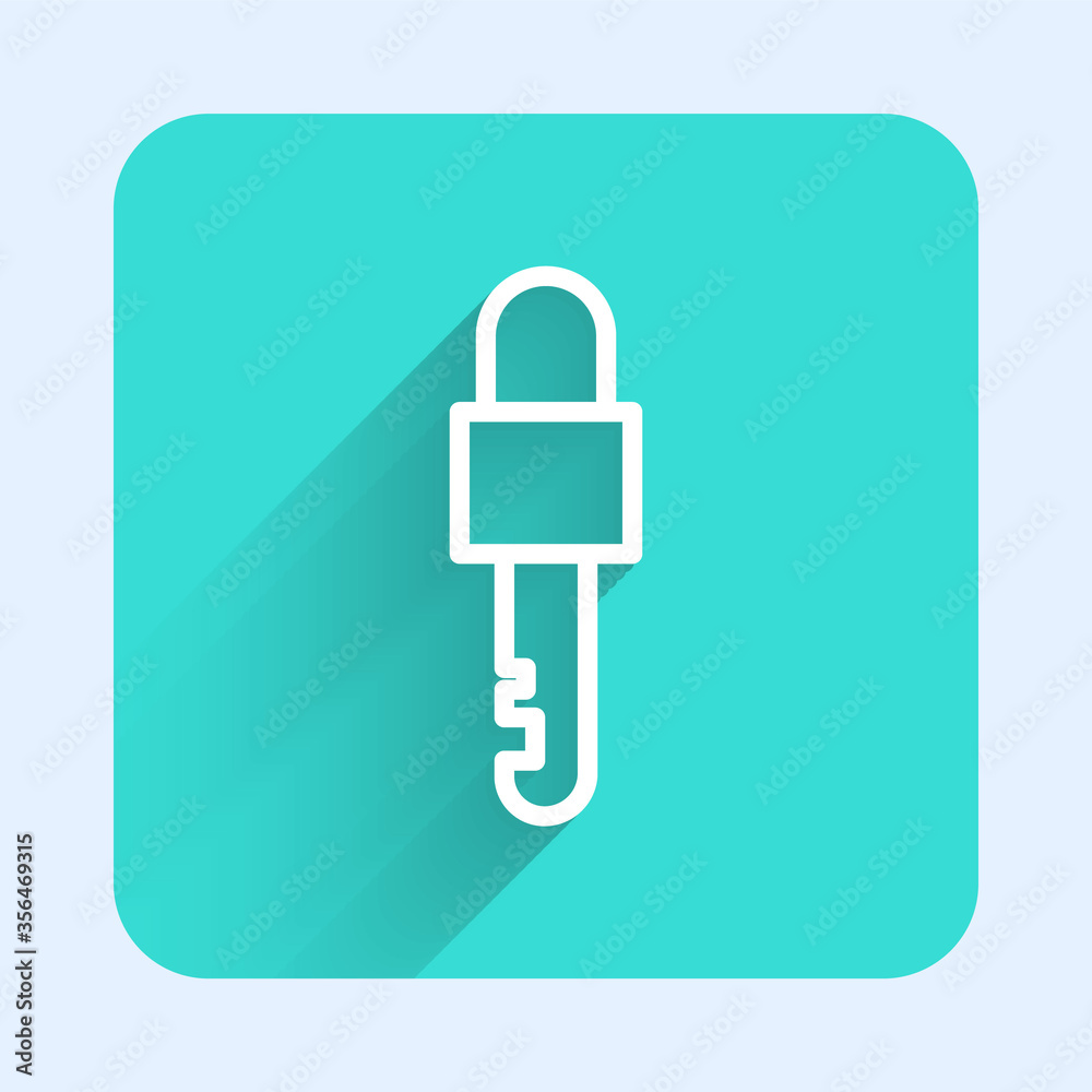 White line Locked key icon isolated with long shadow. Green square button. Vector Illustration. White line Locked key icon isolated with long shadow. Green square button. Vector Illustration.